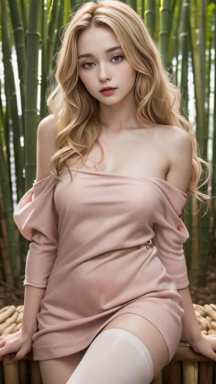 ((best quality, 8 thousand, masterpiece:1.4)), (20 year old woman), ((very small face:1.3)),  Highly detailed face and skin textures, detailed eyes, (Italian woman), (blonde wavy very long hair:1.3), (Open shoulder bare sleeve neck polar dress:1.4), Thin legs, glamorous body, bamboo panda background, thighs, Transparent stockings, very big breasts, 