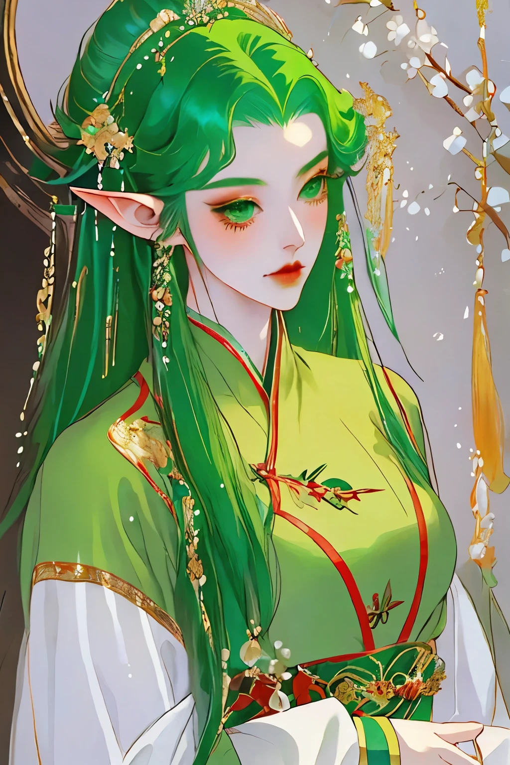 masterpiece, Girl with green hair and cuckold standing in the room, splash art, style art, Elf Girl, Murata and artgerm series, very warm, Weiwei, art jem style, League of Legends style, Ruan Jia and artgerm, art jem style, ! dream art