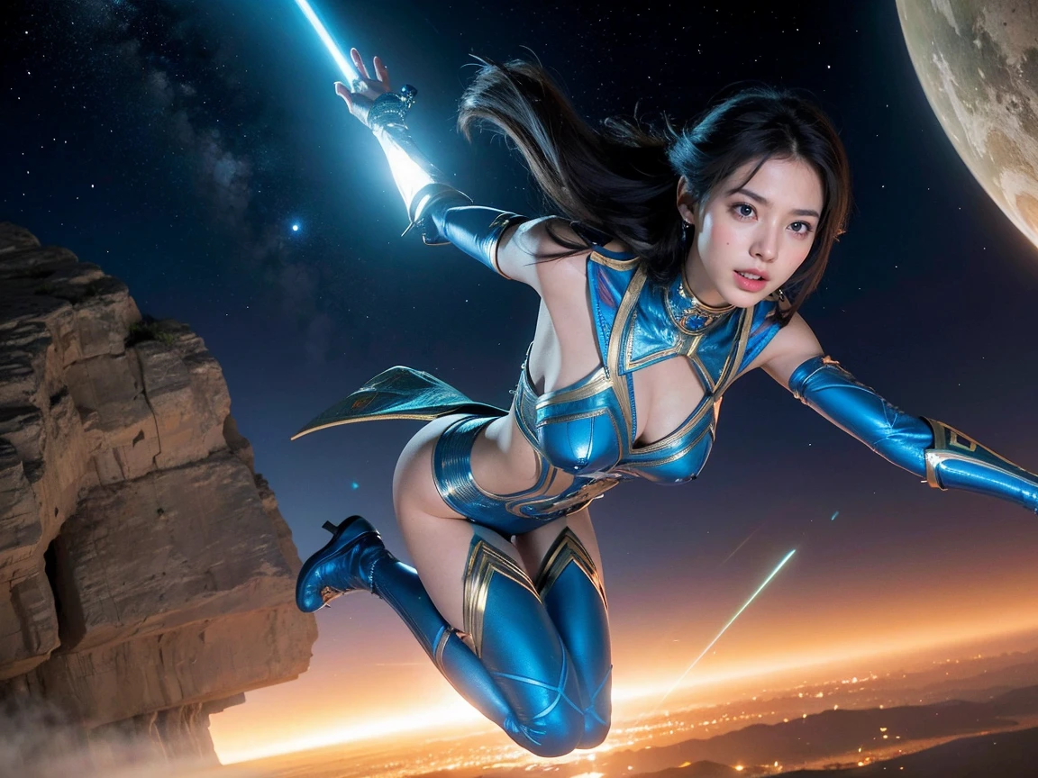 (Raw photo, highest quality), (realistic, Photoreal:1.3), 1 girl、realisticbody、blue egyptian battle costume、A female warrior flying from space、Battle against reptilian aliens、bounce laser with shield、smile