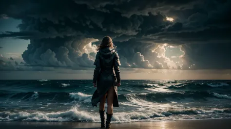 beautiful woman standing in a storm at an ocean, sci fi clouds, masterpiece, best quality, high quality, extremely detailed CG u...
