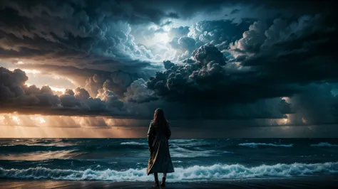 beautiful woman standing far away in a storm at an ocean, sci fi clouds, cinematic view, masterpiece, best quality, high quality...