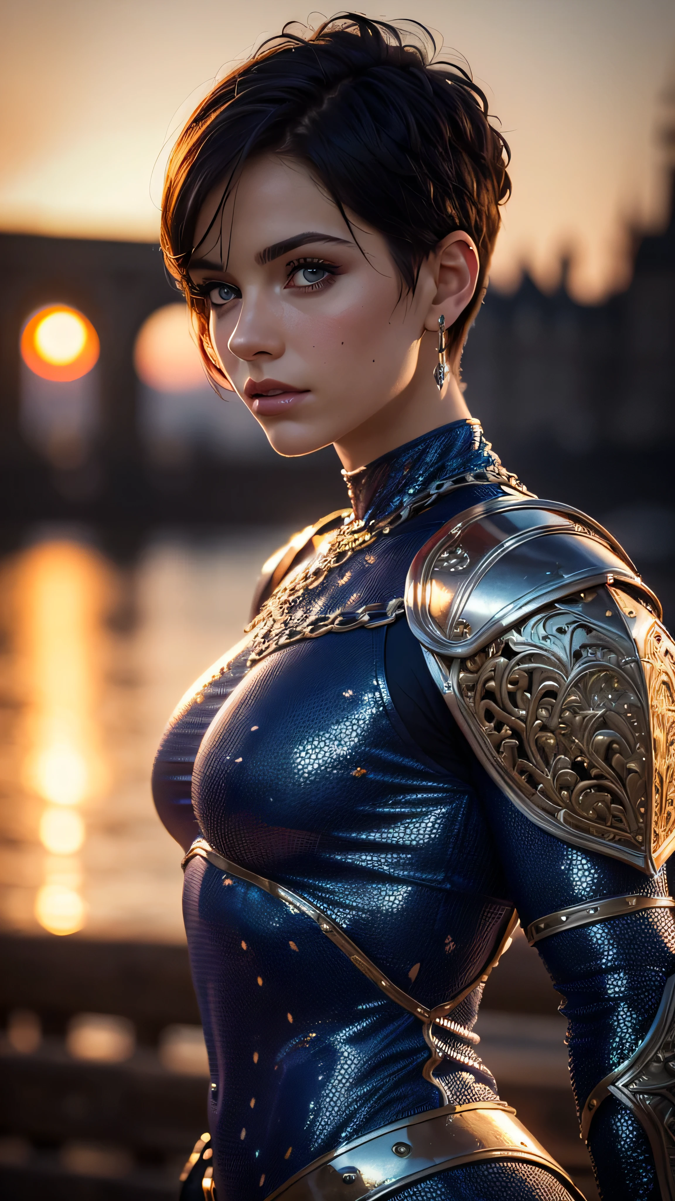(masterpiece), (extremely intricate:1.3), (realistic), portrait of a muscular bodybuilder girl, ((medieval armor)), metal reflections, upper body, outdoors, intense sunlight, far away castle, professional photograph of a stunning woman detailed, (short undercut dark shaved hair, dynamic pose), sharp focus, dramatic, award winning, cinematic lighting, volumetrics dtx, (film grain, blurry background, blurry foreground, bokeh, depth of field, sunset, interaction, navyblue Perfectchainmail), 8K