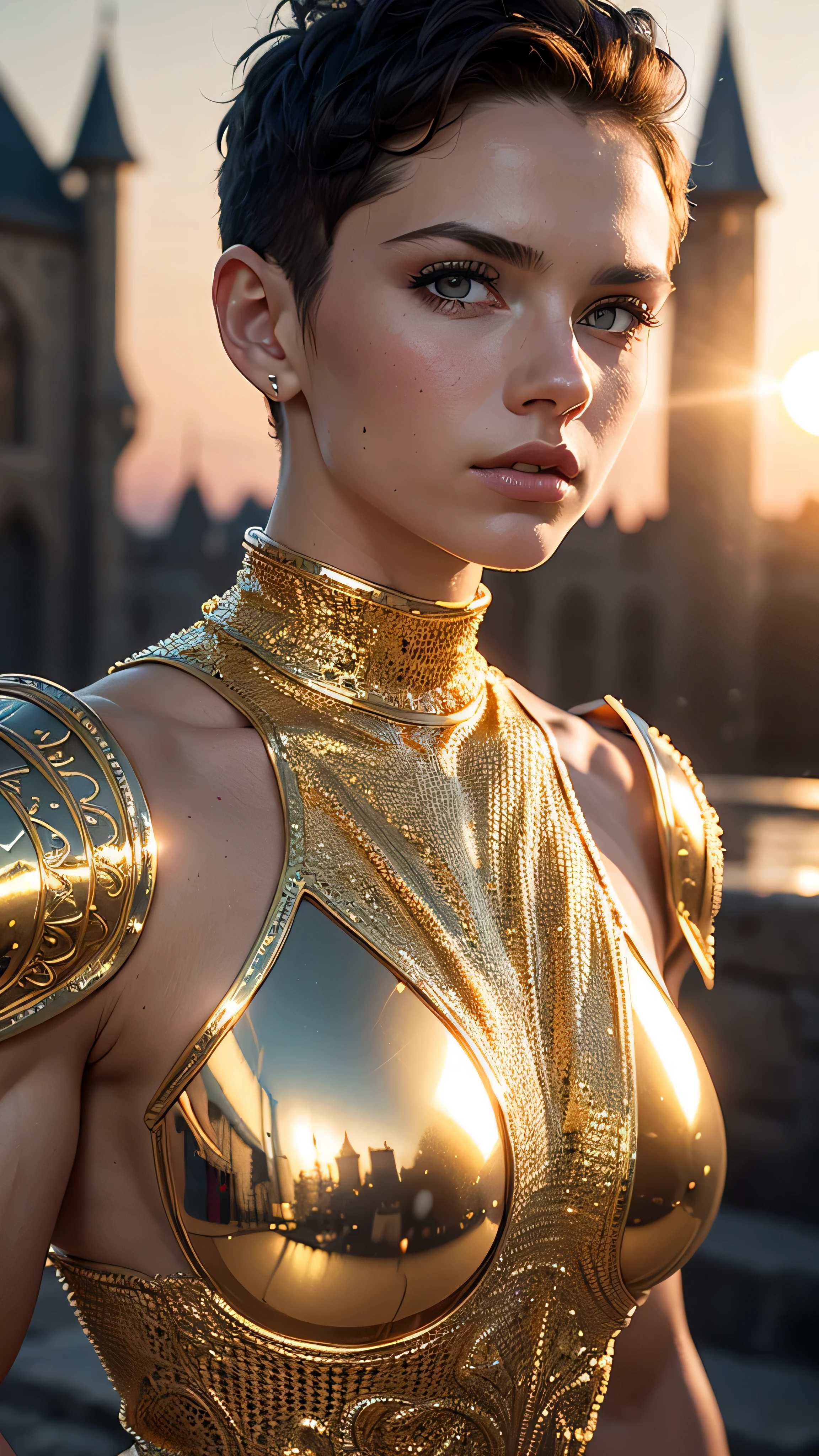 (masterpiece), (extremely intricate:1.3), (realistic), portrait of a muscular bodybuilder girl, ((medieval armor)), metal reflections, upper body, outdoors, intense sunlight, far away castle, professional photograph of a stunning woman detailed, (short undercut dark shaved hair, dynamic pose), sharp focus, dramatic, award winning, cinematic lighting, volumetrics dtx, (film grain, blurry background, blurry foreground, bokeh, depth of field, sunset, interaction, golden chrome Perfectchainmail), 8K