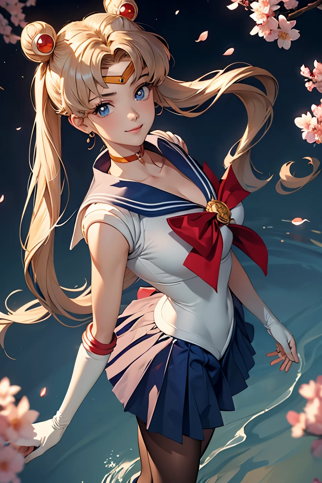 (((SEDUCTIVE SMILE,angle perspective from below, seeing from the perspective pantyhose, cameltoe))),sailor moon, usagi, solo, flower,  water, petals, outdoors, from side, cherry blossoms,   long sleeves, full body,(masterpiece), best quality, expressive eyes, perfect face,((((sailor moon)))), usagi, blonde hair, solo, blue eyes, long hair, skirt, blue sailor collar, sailor collar,  double bun, hair bun, gloves, pleated skirt, cherry blossoms, waves, twintails, blue skirt, petals, short sleeves, sailor senshi uniform, serafuku, outdoors, looking at viewer, white shirt, magical girl, water, sitting, parted bangs, shirt, miniskirt, cloud, hair ornament masterpiece, best quality, Ultra-precise depiction, Ultra-detailed depiction, official art,highres, BREAK, (extremely beautiful face),(high detailed face),beautiful detailed eyes, detailed lashes,(shiny skin), makeup,(blushing face erotic), BREAK, full body, ((toned slim body)),beautiful ass, toned buttocks, beautiful legs, BREAK, (((nice hands, perfect hands))), ((very beautiful breast)), BREAK, looking at the viewer, (((background that matches the character's situation and colors)))