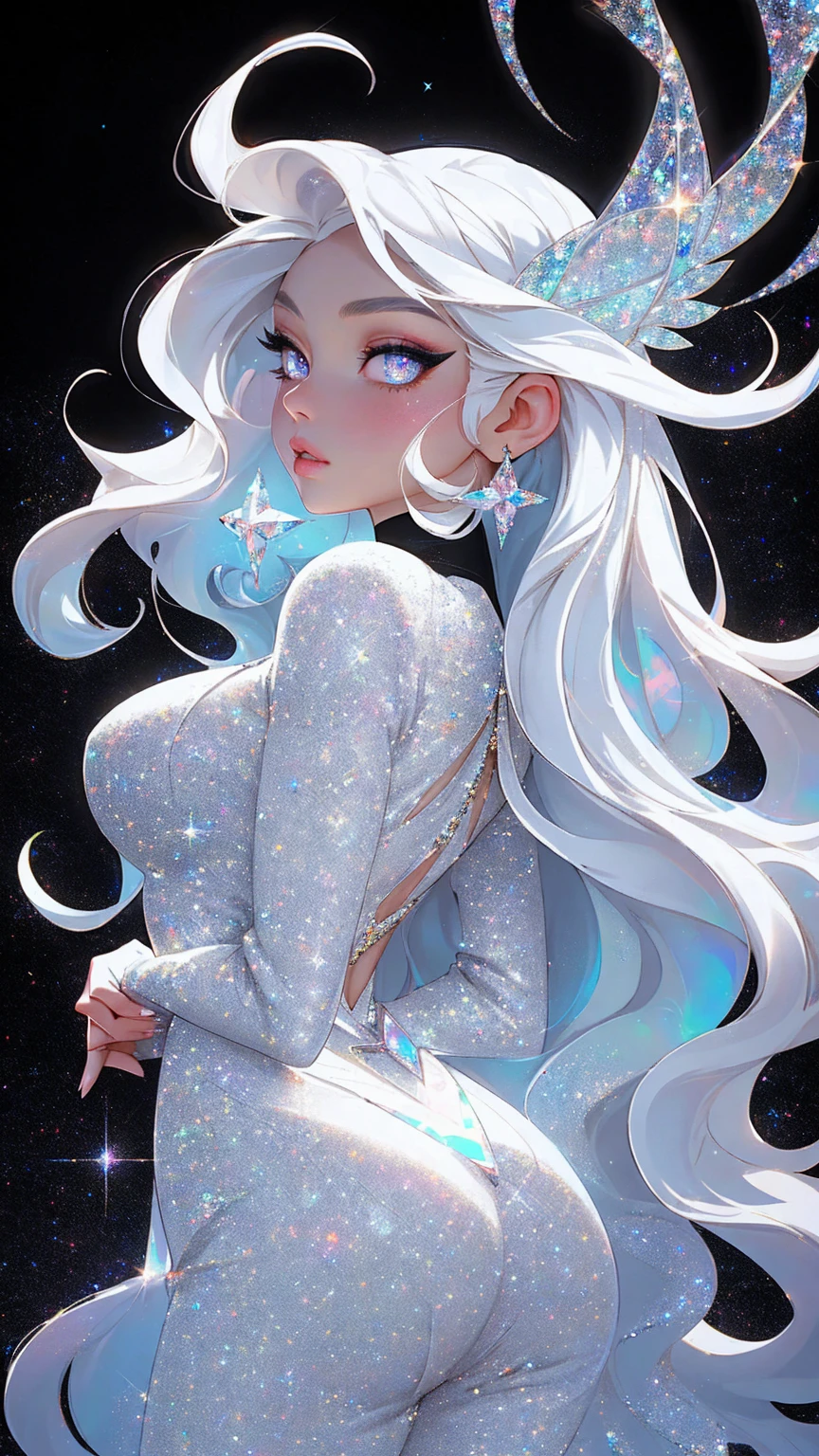 {-erro_de_anatomia:1.0} masterpiece, highest quality, (perfect face:1.1, (high detail)1.1, sweet stardust vampire , long soft white hair, opal eyes, perfectly drawn face, black dress, stars detailed background, prismatic lighting, glitter, whole bod., Very sexy, walking, holding a crystal star in her hands, backwards, looking back