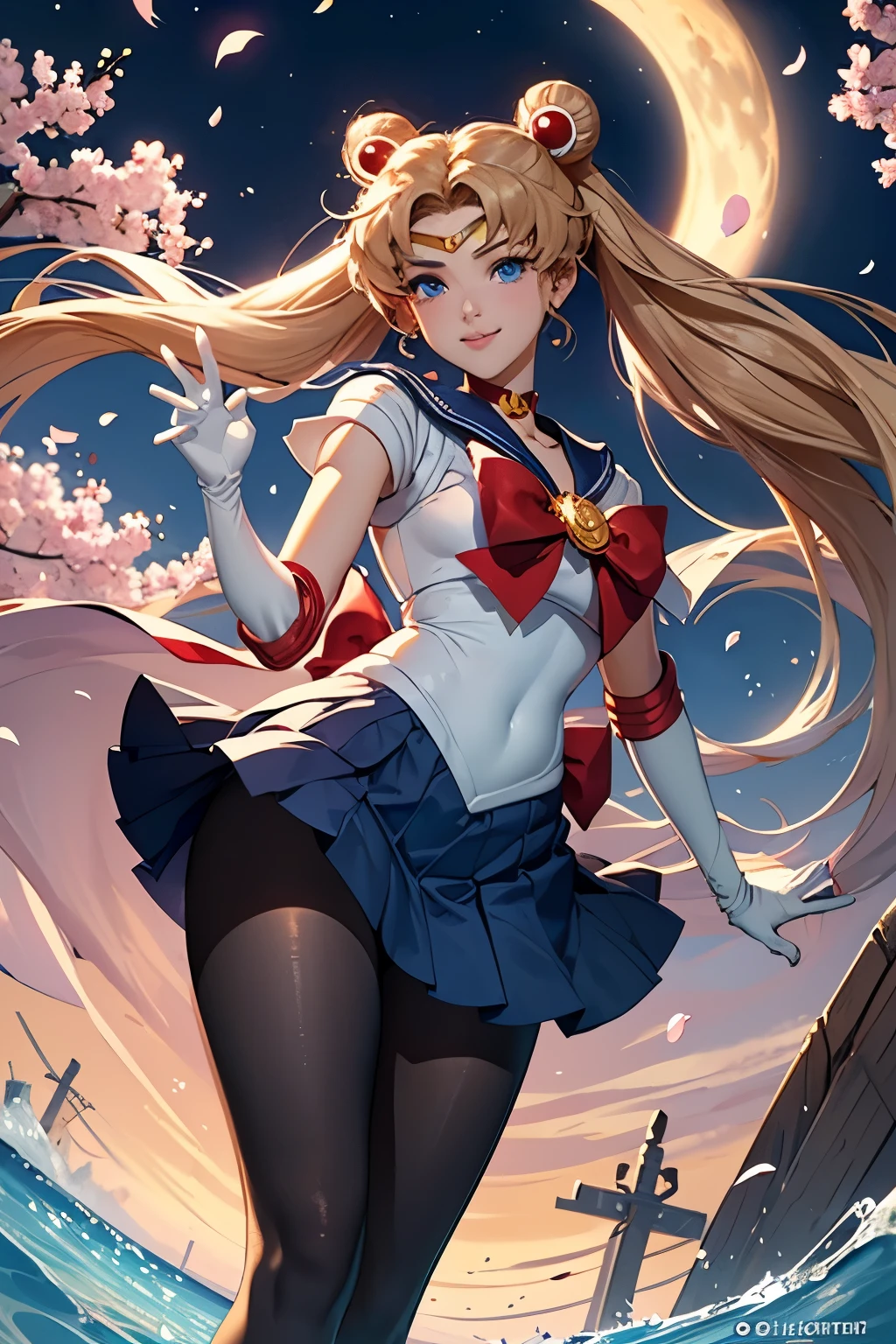 (((SEDUCTIVE SMILE,angle perspective from below, seeing from the perspective pantyhose, cameltoe))),sailor moon, usagi, solo, flower,  water, petals, outdoors, from side, cherry blossoms,   long sleeves, full body,(masterpiece), best quality, expressive eyes, perfect face,((((sailor moon)))), usagi, blonde hair, solo, blue eyes, long hair, skirt, blue sailor collar, sailor collar,  double bun, hair bun, gloves, pleated skirt, cherry blossoms, waves, twintails, blue skirt, petals, short sleeves, sailor senshi uniform, serafuku, outdoors, looking at viewer, white shirt, magical girl, water, sitting, parted bangs, shirt, miniskirt, cloud, hair ornament masterpiece, best quality, Ultra-precise depiction, Ultra-detailed depiction, official art,highres, BREAK, (extremely beautiful face),(high detailed face),beautiful detailed eyes, detailed lashes,(shiny skin), makeup,(blushing face erotic), BREAK, full body, ((toned slim body)),beautiful ass, toned buttocks, beautiful legs, BREAK, (((nice hands, perfect hands))), ((very beautiful breast)), BREAK, looking at the viewer, (((background that matches the character's situation and colors)))