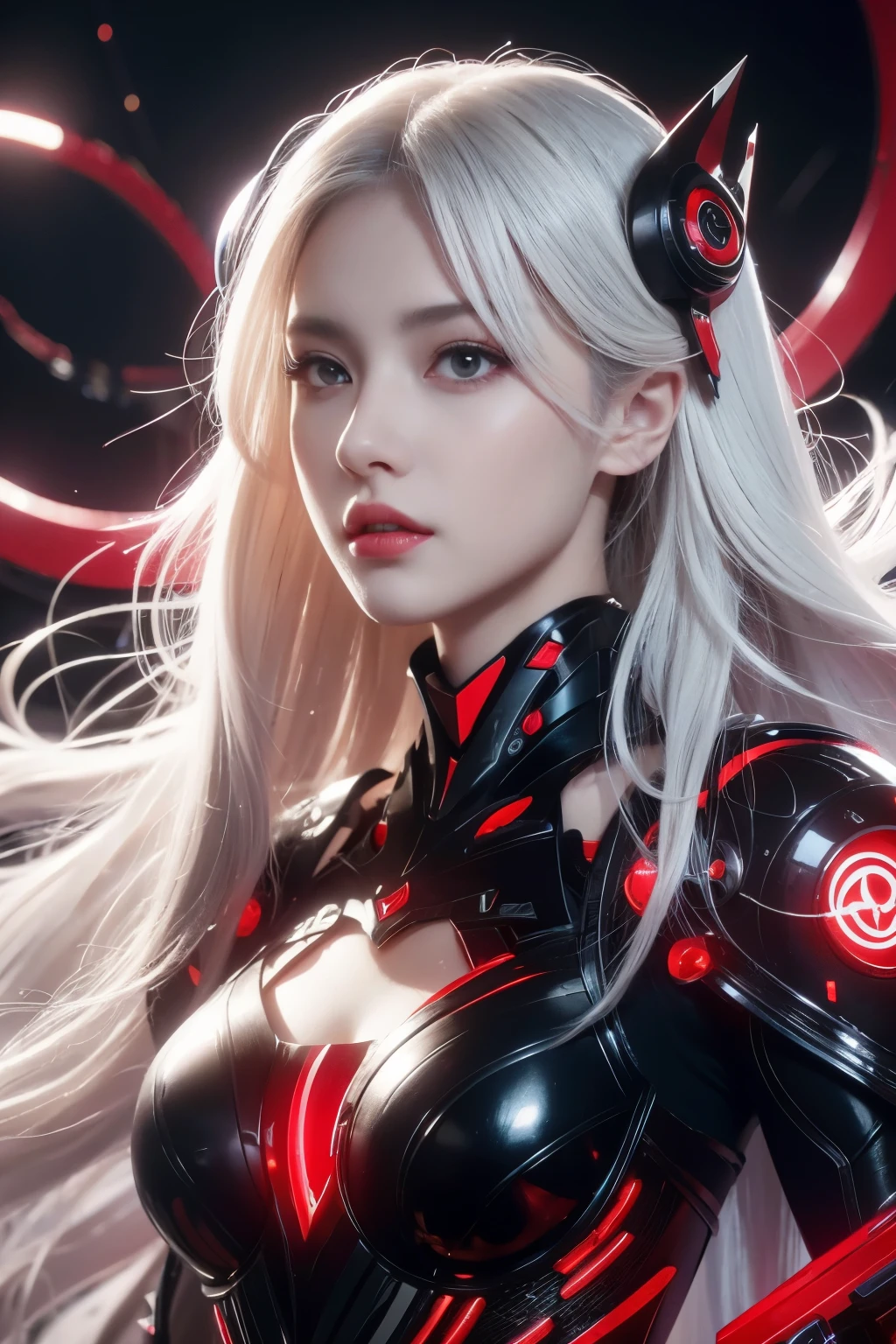 Portrait of a beautiful girl with wavy white hair, wearing a formal black dress with metal parts, red eyes, monograms in the background, digital painting, dark colors, 8k, complex details, vintage, retro futuristic style, sharp focus on the center, pastel colors, art station, (sci-fi, future, future theme), (facial expression looking with disdain), (detailed illustration)