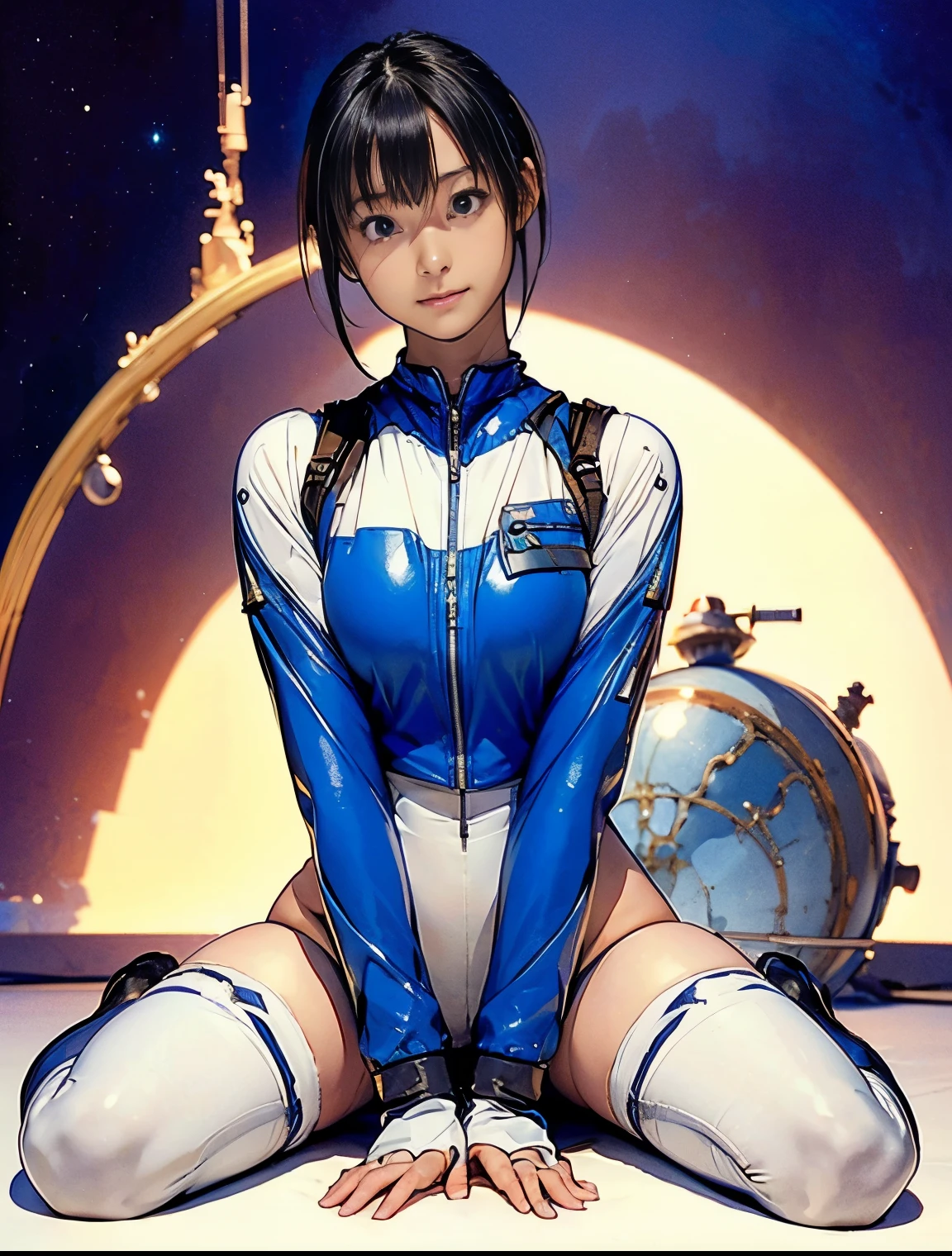 (masterpiece、best quality、Highest resolution、Clear_image、detailed details): (full body picture、 girl、Japanese face、small face、thin、Navy blue super short bob、blue eyes、Blue and Black Shiny Aviator Suit、Armor that protects the chest、tight clothes、Clothes that cover the whole body、leggings、Very delicate and beautiful、hide thighs、hide your ass、Cute type、gentle smile、soft expression、earphone、knee high boots、Gloves come to elbow length、Shooting at eye level、face directly、woman on spaceship), (((camel toe))), ((Plain white tights))