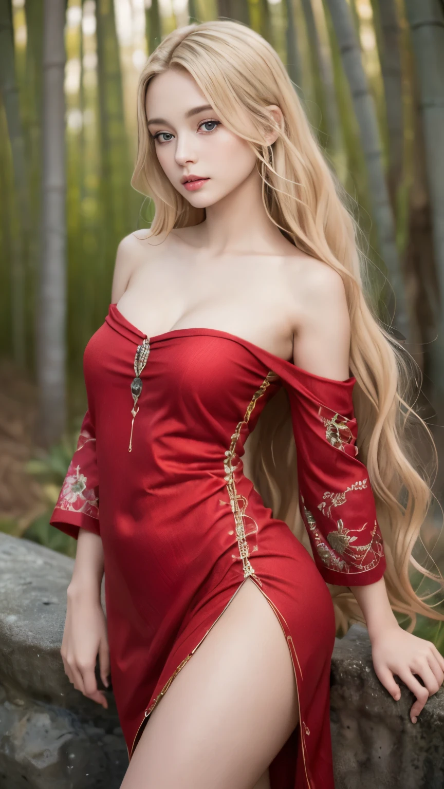 ((best quality, 8 thousand, masterpiece:1.4)), (20 year old woman), ((very small face:1.3)),  Highly detailed face and skin textures, detailed eyes, (Italian woman), (blonde wavy very long hair:1.3), (Open shoulder bare sleeve neck polar dress:1.4), Thin legs, glamorous body, bamboo panda background, thighs, Transparent stockings, very big breasts, 