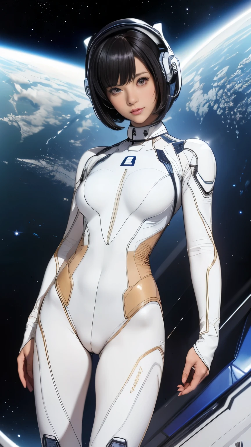 (masterpiece、highest quality、highest resolution、clear_image、Detailed details): (full body figure、15 year old girl、Japanese face、small face、thin、navy blue super short bob cut hair、blue colored eyes、((navy long sleeve space suit、space helmet))、headset、cosmic handbag、cute type、gentle smile、soft expression、headset、(((knee high boots)))、gloves up to the elbow、eye level shot、face directly、woman on a spaceship), (((camel toe))), ((Pure white leotard))