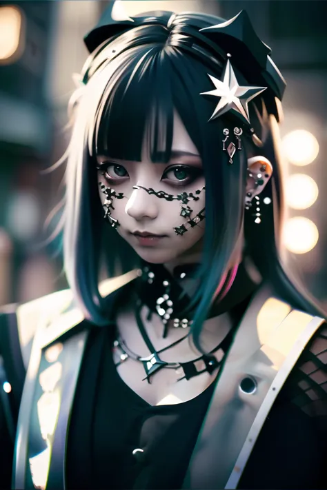 goth_punk, 1 girl, alone, medium shot, walking in harajuku, ((at night)), bokeh, neon light, iridescent eyes, starry sky, 白くshin...