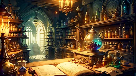 fantasy alchemist shop, part, glass bottle, Books/materials, magical jewels, wise servant