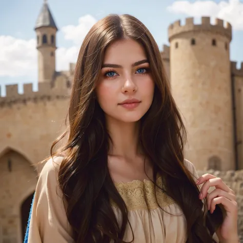 Arafed woman with long brown hair and blue eyes wearing a medieval dress..., estilo medieval, Pale Skin Persian Girl, anna nikon...