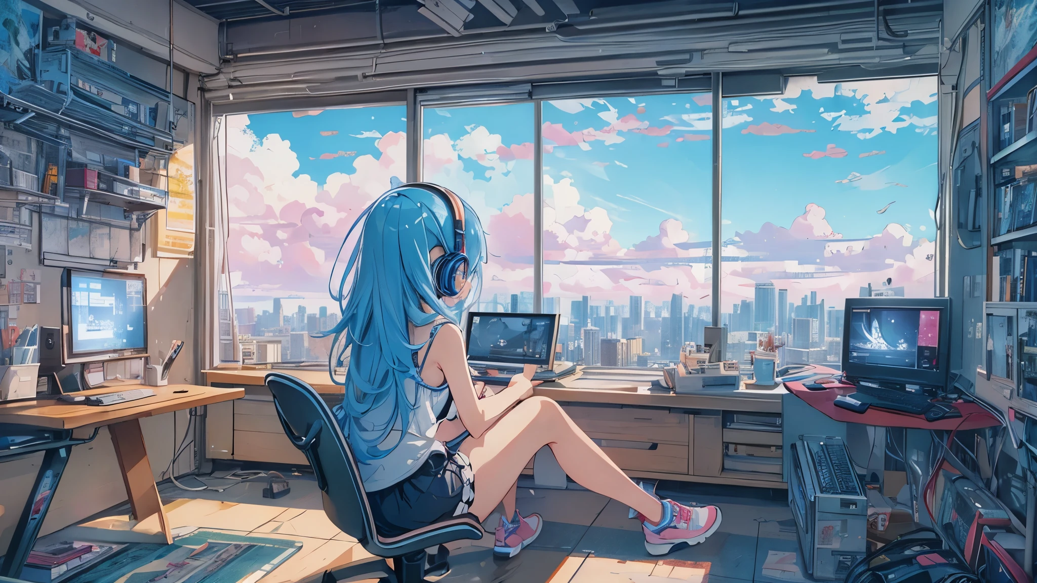 Room on the top floor of a skyscraper　Woman operating a computer、sit on a chair　blue hair、blue eyed girl、The blue sky spreads out from the large windows、Profile of a woman looking out the window。woman is wearing headphones 4k, sad,、Bowater&#39;s art style、beautiful digital illustrations、beautiful character painting、Stunning Anime Face Portrait Mikudayo, official artwork, lofi girl, praise art style,, halfbeak, anime atmosphere, Anime style mixed with Fujifilm, digital anime illustration, anime wallpaper 4k　Girl with headphones Blue haired woman　put on headphones;　At the desk　look at computer　girl&#39;s profile　details　high resolution　high quality　beautiful realistic sky　The sky is the main