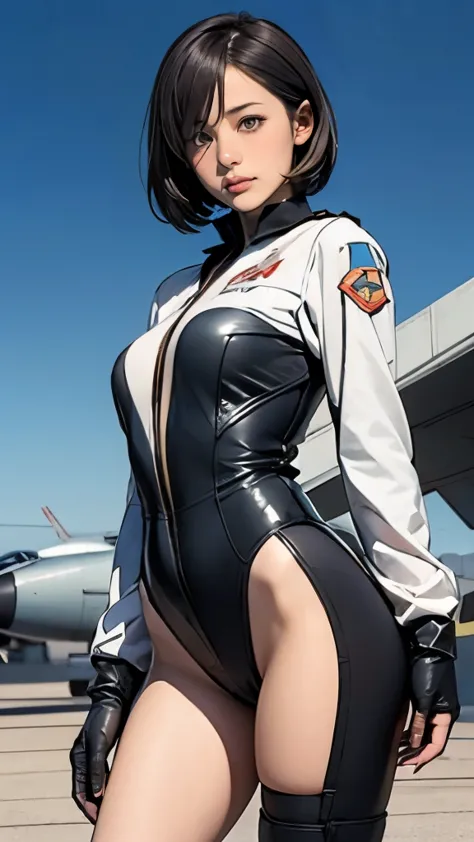 1 girl、A female fighter pilot is looking at me、black short hair、Idol level cuteness、Slender but big breasts、Fitted colorful patt...