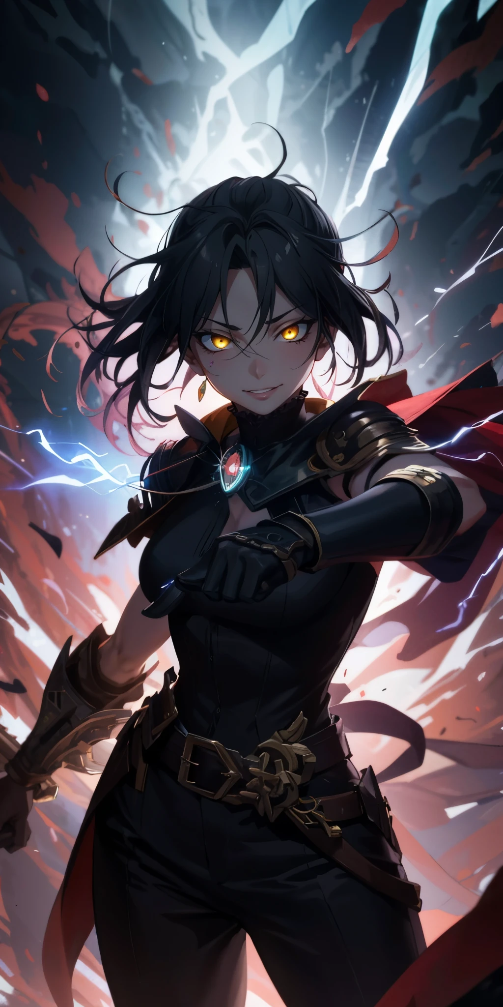 dominique_de_sade, black hair, long hair, curvy, anatomically correct, huge breasts, best quality, masterpiece, high quality, high details, highres, HD, 1girl, looking_at_viewer, solo, breasts, weapon, simple background, belt, gloves, holding, gauntlet, black pants, cape, standing, pants, fog, electricity, sword, steaming body, "glow effects, godrays, Hand drawn, render, 8k, octane render, cinema 4d, blender, dark, atmospheric 4k ultra detailed, cinematic, Sharp focus, big depth of field, Masterpiece, colors, 3d octane render, 4k, concept art, trending on artstation, hyperrealistic, Vivid colors, extremely detailed CG unity 8k wallpaper, trending on CGSociety, Intricate, High Detail, dramatic", (shaded face:1.2), hollow eyes, yellow eyes, looking at viewer, heavy breathing, smirk, upper teeth, glowing eyes, lips,