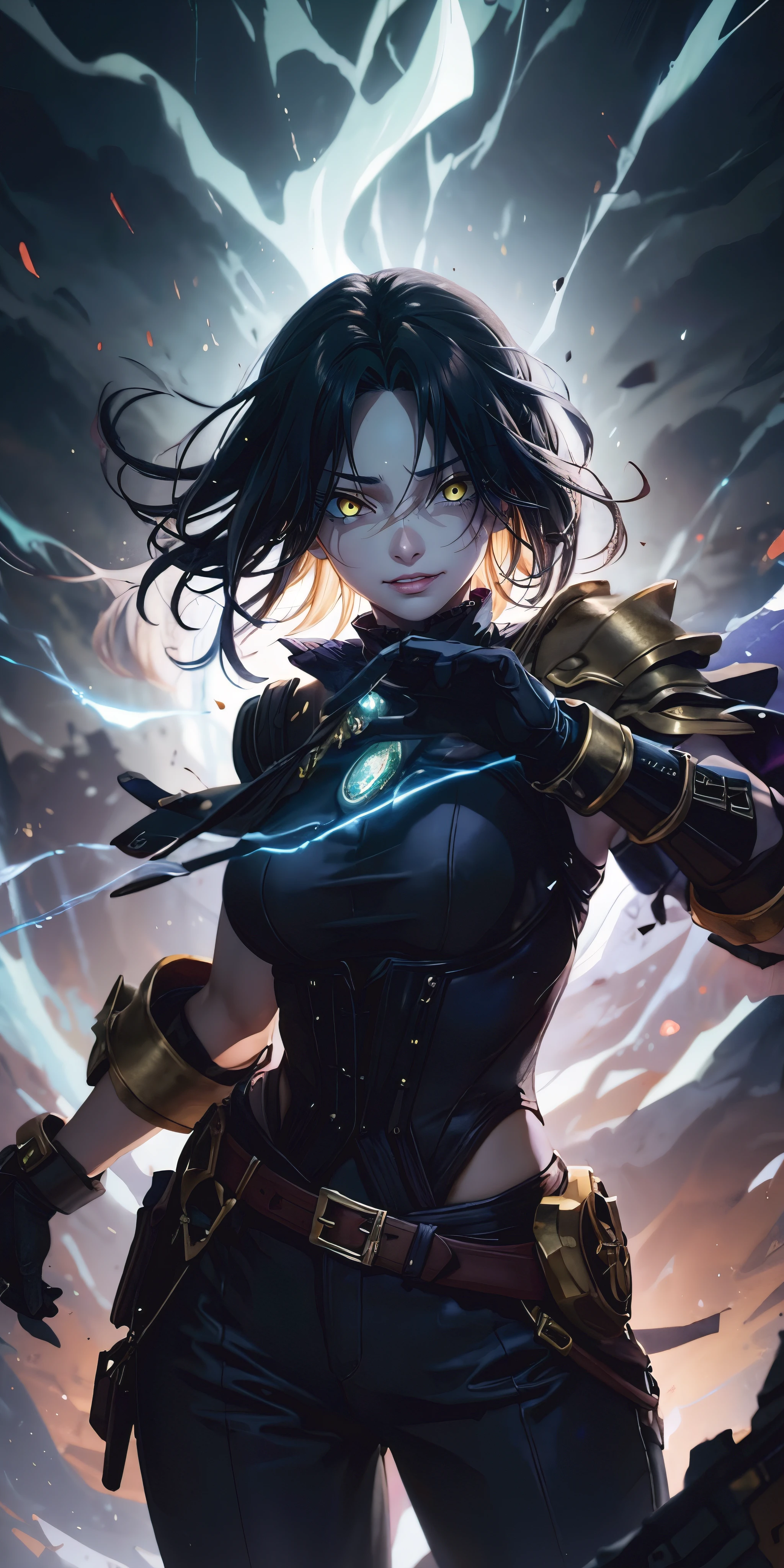 dominique_de_sade, black hair, long hair, curvy, anatomically correct, huge breasts, best quality, masterpiece, high quality, high details, highres, HD, 1girl, looking_at_viewer, solo, breasts, weapon, simple background, belt, gloves, holding, gauntlet, black pants, cape, standing, pants, fog, electricity, sword, steaming body, "glow effects, godrays, Hand drawn, render, 8k, octane render, cinema 4d, blender, dark, atmospheric 4k ultra detailed, cinematic, Sharp focus, big depth of field, Masterpiece, colors, 3d octane render, 4k, concept art, trending on artstation, hyperrealistic, Vivid colors, extremely detailed CG unity 8k wallpaper, trending on CGSociety, Intricate, High Detail, dramatic", (shaded face:1.2), hollow eyes, yellow eyes, looking at viewer, heavy breathing, smirk, upper teeth, glowing eyes, lips,