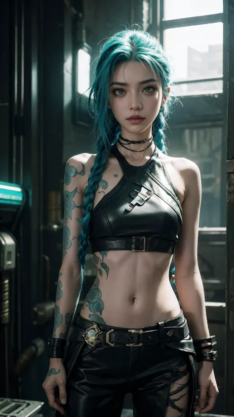 jinx arcano, uma mulher com cabelo verde e tatuagens, mulher cyberpunk mulher anime, pants, Deusa cyberpunk raivosa bonita, esti...