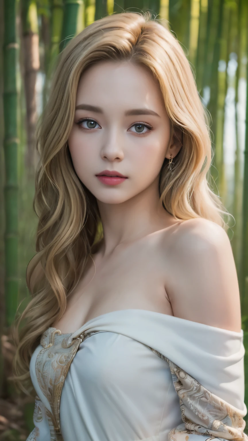 ((best quality, 8 thousand, masterpiece:1.4)), (20 year old woman), ((very small face:1.3)),  Highly detailed face and skin textures, detailed eyes, (Italian woman), (blonde wavy very long hair:1.3), (Open shoulder bare sleeve neck polar dress:1.4), Thin legs, glamorous body, bamboo panda background, thighs, Transparent stockings, very big breasts, 