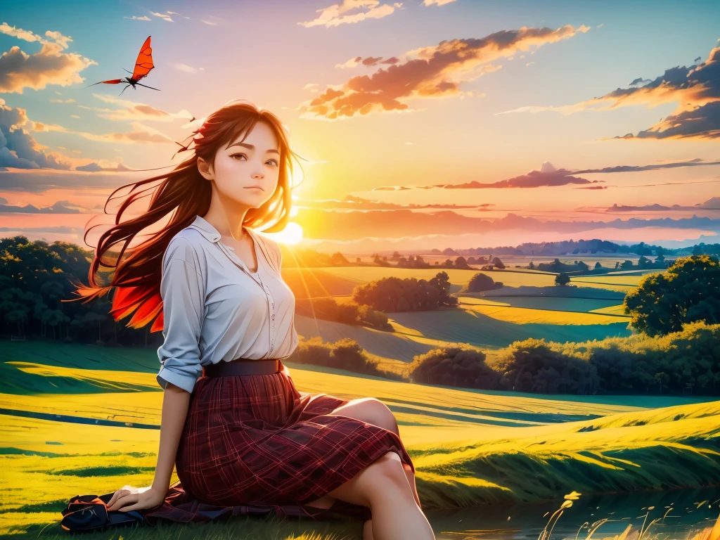 (ultra wide angle,beautiful countryside scenery:1.1),crows,flying red dragonflies,sunset sky in shades of red,girl sitting,15mm wide-angle lens