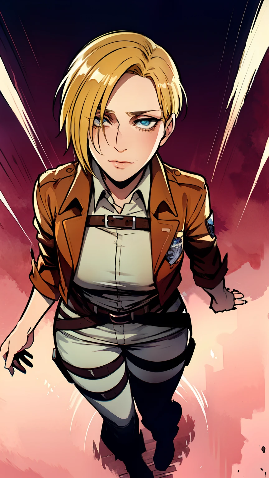 A cartoon picture of a woman with blonde hair and a brown jacket - SeaArt AI