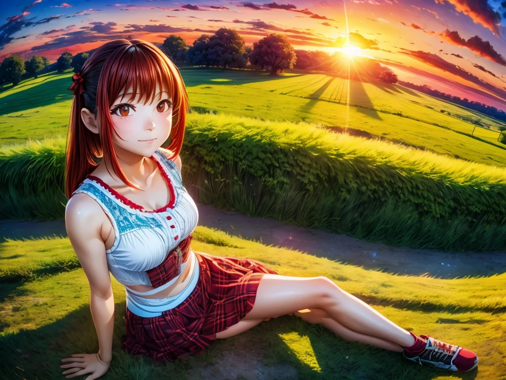 Ultra Wide Angle, beautiful countryside landscape, crows and red dragonflies flying, red sunset sky, girl sitting, shot with fisheye lens