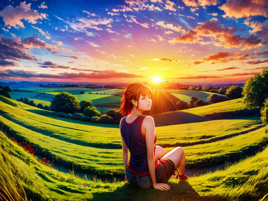 Ultra Wide Angle, beautiful countryside landscape, crows and red dragonflies flying, red sunset sky, girl sitting, shot with fisheye lens