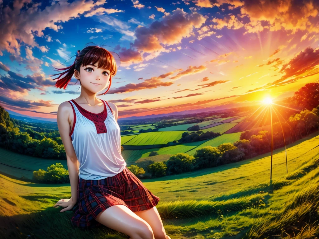 Ultra Wide Angle, beautiful countryside landscape, crows and red dragonflies flying, red sunset sky, girl sitting, shot with fisheye lens