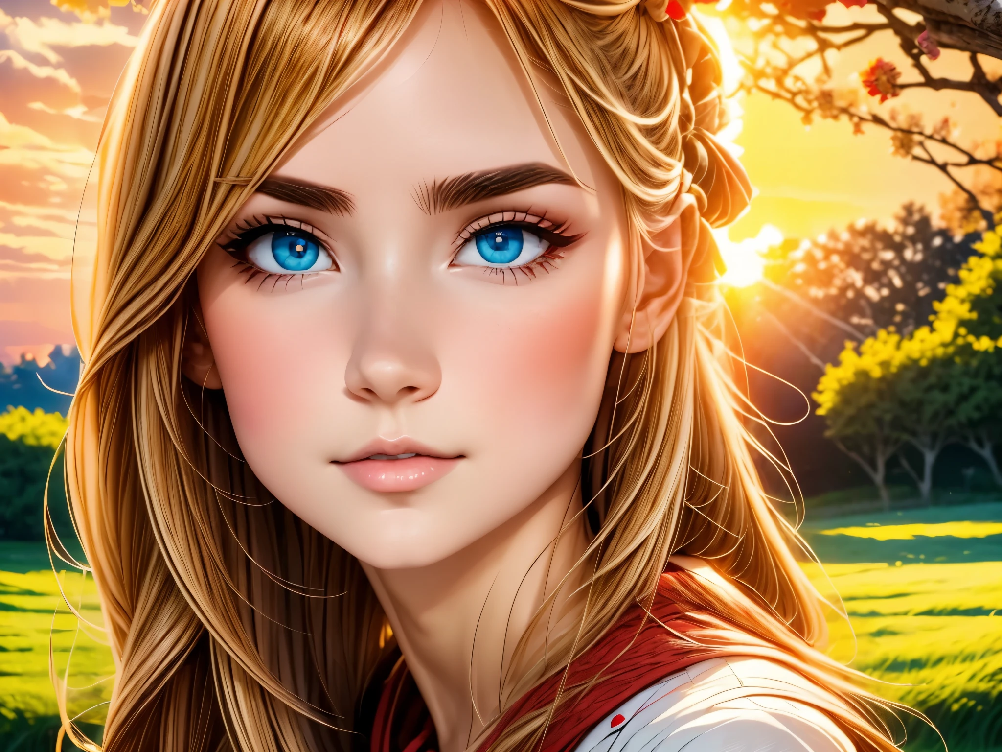 (ultra wide angle,countryside landscape,beautiful detailed girl sitting,fisheye lens,red sunset sky,vivid colors,sharp focus,beautiful detailed eyes,beautiful detailed lips,extremely detailed eyes and face,longeyelashes,crows,red dragonflies flying)