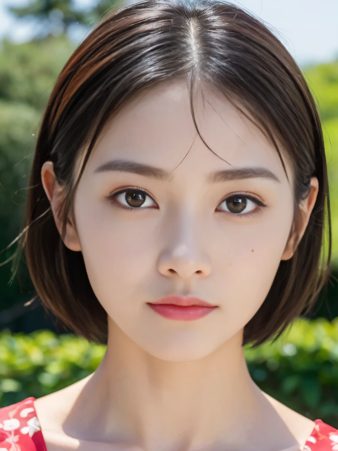 1girl, ((top-quality)),(​masterpiece:1.4),Raw photography,8K,((Top image quality)), ((Top resolution)),Beautiful face in every detail,Very detailed,Gentle expression,(One lady:1.3 ),realisitic,photo realisitic,(Bery short hair:1.4),(Beautiful Women),(cute Japanese girls:1.3),(mannish),((Pretty Woman)),(Beautiful hair),((dark brown  hair)),(((Red cheeks))),((Her eyes are big)),20-year-old beauty,(her face is small:1.7),small head,((long neck)),pale skin,Spot-free skin,With bangs,Everyone longs for,Japanese Beautiful Women,(eight heads tall),((black top,skinny body)),face focus , look at camera,