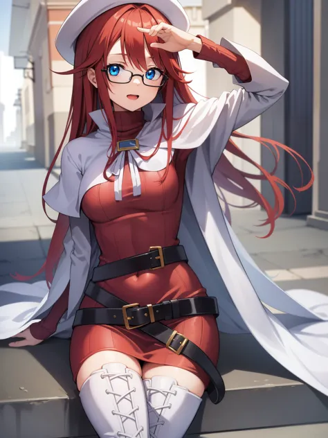 summonnightaty, aty, long hair, blue eyes, red hair, beret, hat, glasses,
break long hair, thighhighs, hat, dress, boots, glasse...