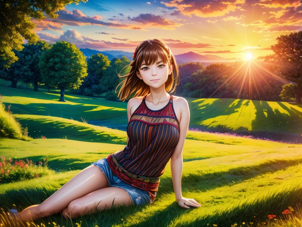 (best quality,4k,8k,highres,masterpiece:1.2),ultra-detailed,(realistic,photorealistic,photo-realistic:1.37),Ultra Wide Angle,beautiful countryside landscape,crows and red dragonflies flying,red sunset sky,girl sitting,shot with fisheye lens,illustration,oil painting,extremely detailed flowers and grass,tall vibrant trees,peaceful atmosphere,serene setting,breathtaking view,portraits, vivid colors, warm color tone,soft lighting