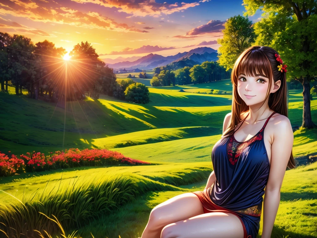 (best quality,4k,8k,highres,masterpiece:1.2),ultra-detailed,(realistic,photorealistic,photo-realistic:1.37),Ultra Wide Angle,beautiful countryside landscape,crows and red dragonflies flying,red sunset sky,girl sitting,shot with fisheye lens,illustration,oil painting,extremely detailed flowers and grass,tall vibrant trees,peaceful atmosphere,serene setting,breathtaking view,portraits, vivid colors, warm color tone,soft lighting