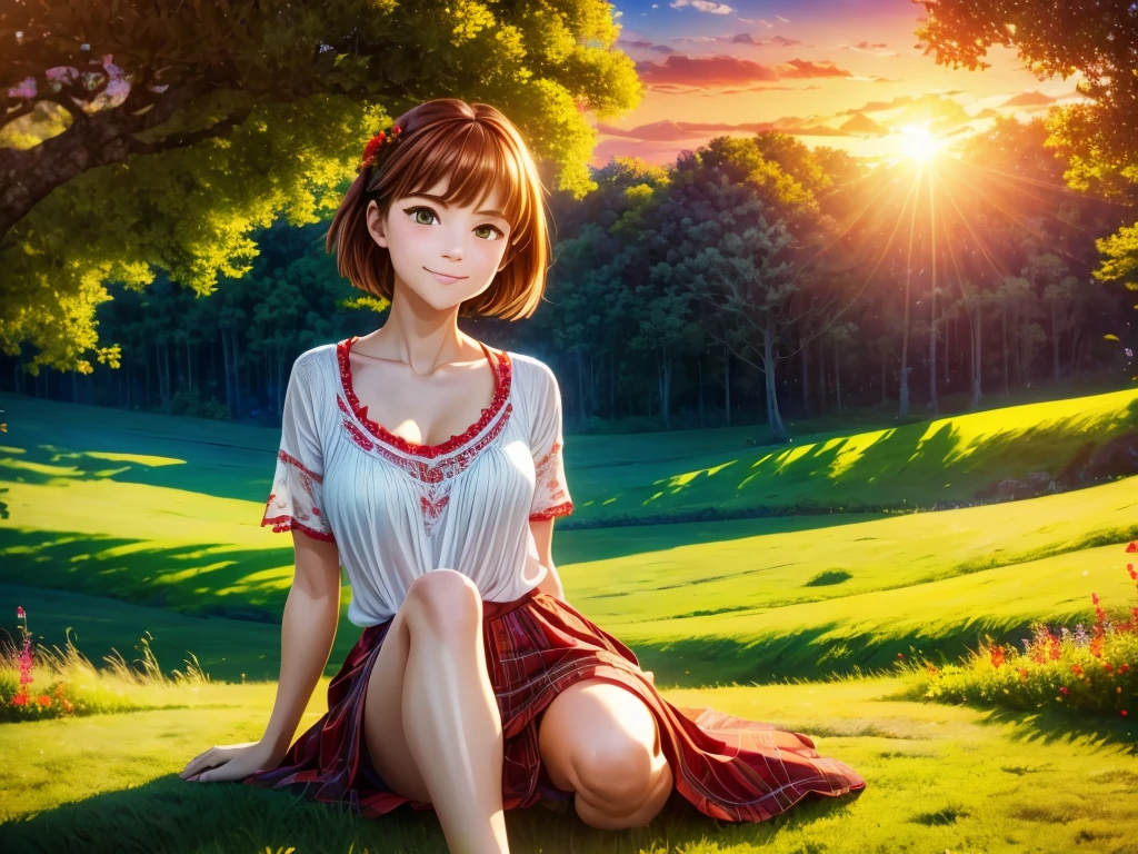 (best quality,4k,8k,highres,masterpiece:1.2),ultra-detailed,(realistic,photorealistic,photo-realistic:1.37),Ultra Wide Angle,beautiful countryside landscape,crows and red dragonflies flying,red sunset sky,girl sitting,shot with fisheye lens,illustration,oil painting,extremely detailed flowers and grass,tall vibrant trees,peaceful atmosphere,serene setting,breathtaking view,portraits, vivid colors, warm color tone,soft lighting