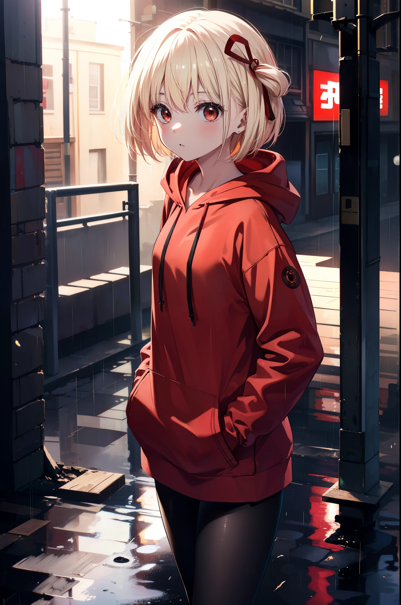 chisatonishikigi, nishikigi chisato, short hair, bangs, blonde hair, (red eyes:1.5), hair ribbon, one side up, bob cut,Red hoodie,hood up,headphones　aroud neck,red mask,shorts,black pantyhose,Both hands are in the pockets of the hoodie,walking,rain,cloudy sky,puddle,
break outdoors, In town,building street,
break looking at viewer, (cowboy shot:1.5),
break (masterpiece:1.2), highest quality, High resolution, unity 8k wallpaper, (figure:0.8), (detailed and beautiful eyes:1.6), highly detailed face, perfect lighting, Very detailed CG, (perfect hands, perfect anatomy),