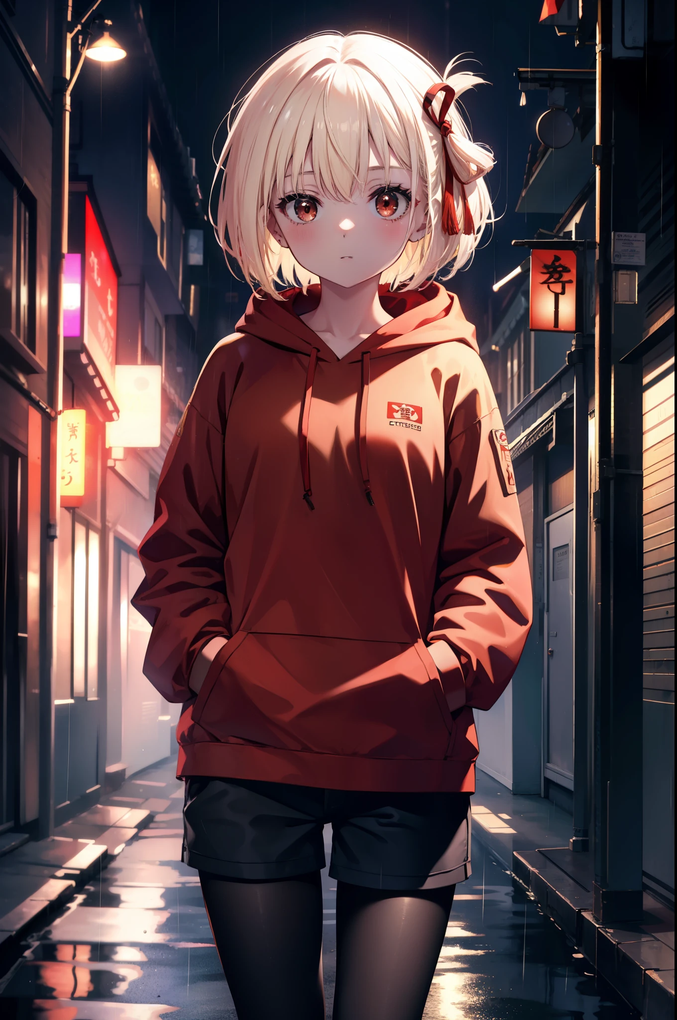 chisatonishikigi, nishikigi chisato, short hair, bangs, blonde hair, (red eyes:1.5), hair ribbon, one side up, bob cut,Red hoodie,hood up,headphones　aroud neck,red mask,shorts,black pantyhose,Both hands are in the pockets of the hoodie,walking,rain,cloudy sky,puddle,
break outdoors, In town,building street,
break looking at viewer, (cowboy shot:1.5),
break (masterpiece:1.2), highest quality, High resolution, unity 8k wallpaper, (figure:0.8), (detailed and beautiful eyes:1.6), highly detailed face, perfect lighting, Very detailed CG, (perfect hands, perfect anatomy),