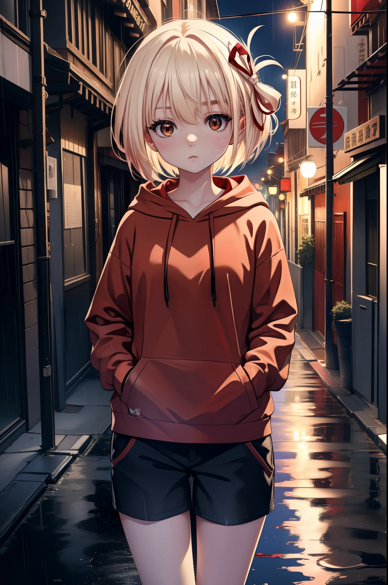 chisatonishikigi, nishikigi chisato, short hair, bangs, blonde hair, (red eyes:1.5), hair ribbon, one side up, bob cut,Red hoodie,hood up,headphones,red mask,shorts,black pantyhose,Both hands are in the pockets of the hoodie,walking,rain,cloudy sky,puddle,
break outdoors, In town,building street,
break looking at viewer, (cowboy shot:1.5),
break (masterpiece:1.2), highest quality, High resolution, unity 8k wallpaper, (figure:0.8), (detailed and beautiful eyes:1.6), highly detailed face, perfect lighting, Very detailed CG, (perfect hands, perfect anatomy),