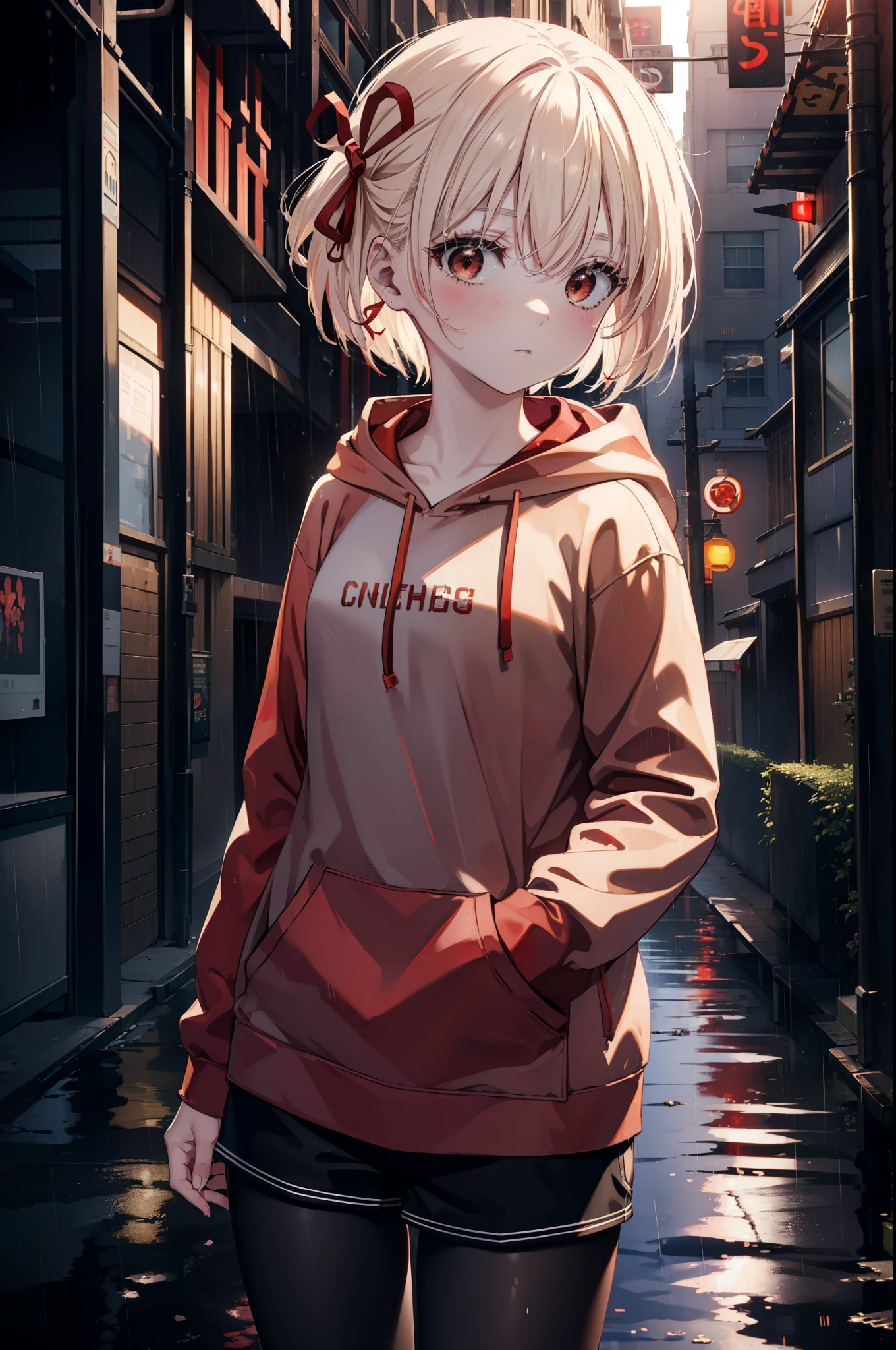 chisatonishikigi, nishikigi chisato, short hair, bangs, blonde hair, (red eyes:1.5), hair ribbon, one side up, bob cut,Red hoodie,hood up,headphones,red mask,shorts,black pantyhose,Both hands are in the pockets of the hoodie,walking,rain,cloudy sky,puddle,
break outdoors, In town,building street,
break looking at viewer, (cowboy shot:1.5),
break (masterpiece:1.2), highest quality, High resolution, unity 8k wallpaper, (figure:0.8), (detailed and beautiful eyes:1.6), highly detailed face, perfect lighting, Very detailed CG, (perfect hands, perfect anatomy),