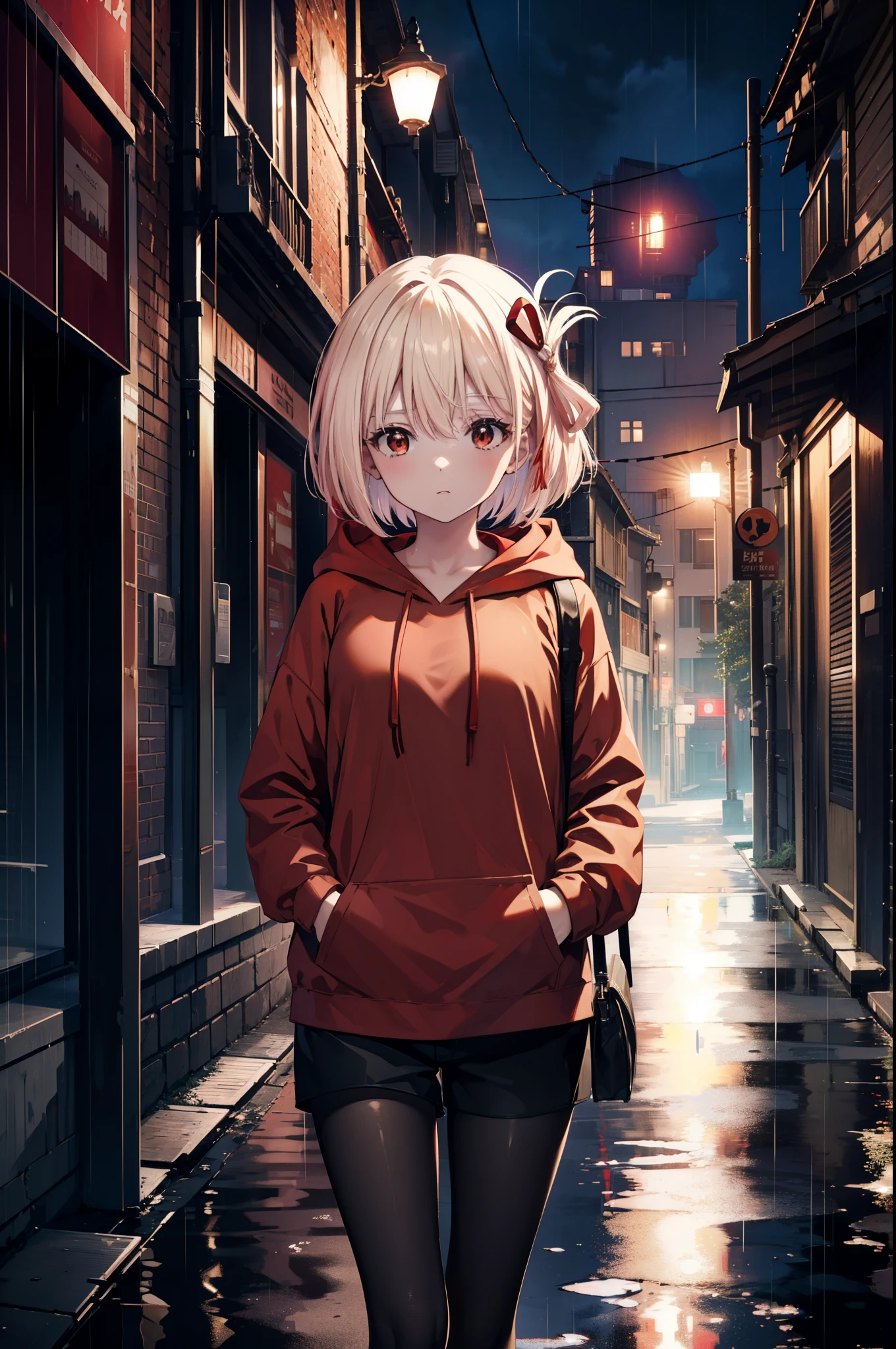 chisatonishikigi, nishikigi chisato, short hair, bangs, blonde hair, (red eyes:1.5), hair ribbon, one side up, bob cut,oversized red hoodie　hood up,red mask,shorts,black pantyhose,Both hands are in the pockets of the hoodie,walking,rain,cloudy sky,puddle,
break outdoors, In town,building street,
break looking at viewer, (cowboy shot:1.5),
break (masterpiece:1.2), highest quality, High resolution, unity 8k wallpaper, (figure:0.8), (detailed and beautiful eyes:1.6), highly detailed face, perfect lighting, Very detailed CG, (perfect hands, perfect anatomy),