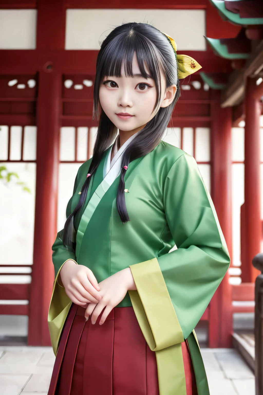 masterpiece, best quality, highres, realistic, cosplayer, Thai girl, 20 y.o, 1girl hair ribbon hair ornament,green hair, hanfu green shirt wide sleeves red skirt long skirt hand on hip, smile, indoors, east asian architecture, outdoor, Chinese temple 