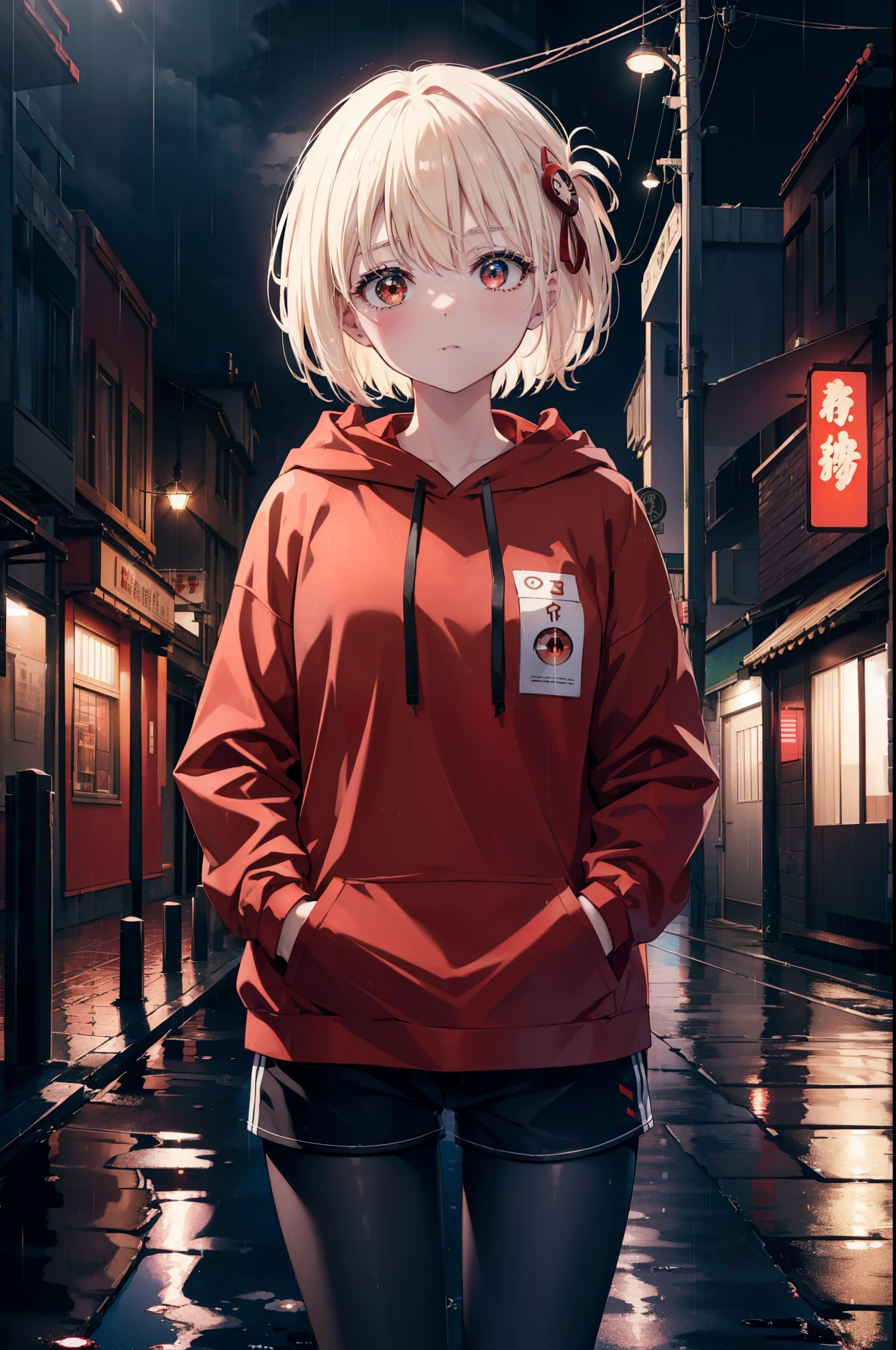 chisatonishikigi, nishikigi chisato, short hair, bangs, blonde hair, (red eyes:1.5),  bob cut,oversized red hoodie　hood up,red mask,shorts,black pantyhose,Both hands are in the pockets of the hoodie,walking,rain,cloudy sky,puddle,
break outdoors, In town,building street,
break looking at viewer, (cowboy shot:1.5),
break (masterpiece:1.2), highest quality, High resolution, unity 8k wallpaper, (figure:0.8), (detailed and beautiful eyes:1.6), highly detailed face, perfect lighting, Very detailed CG, (perfect hands, perfect anatomy),