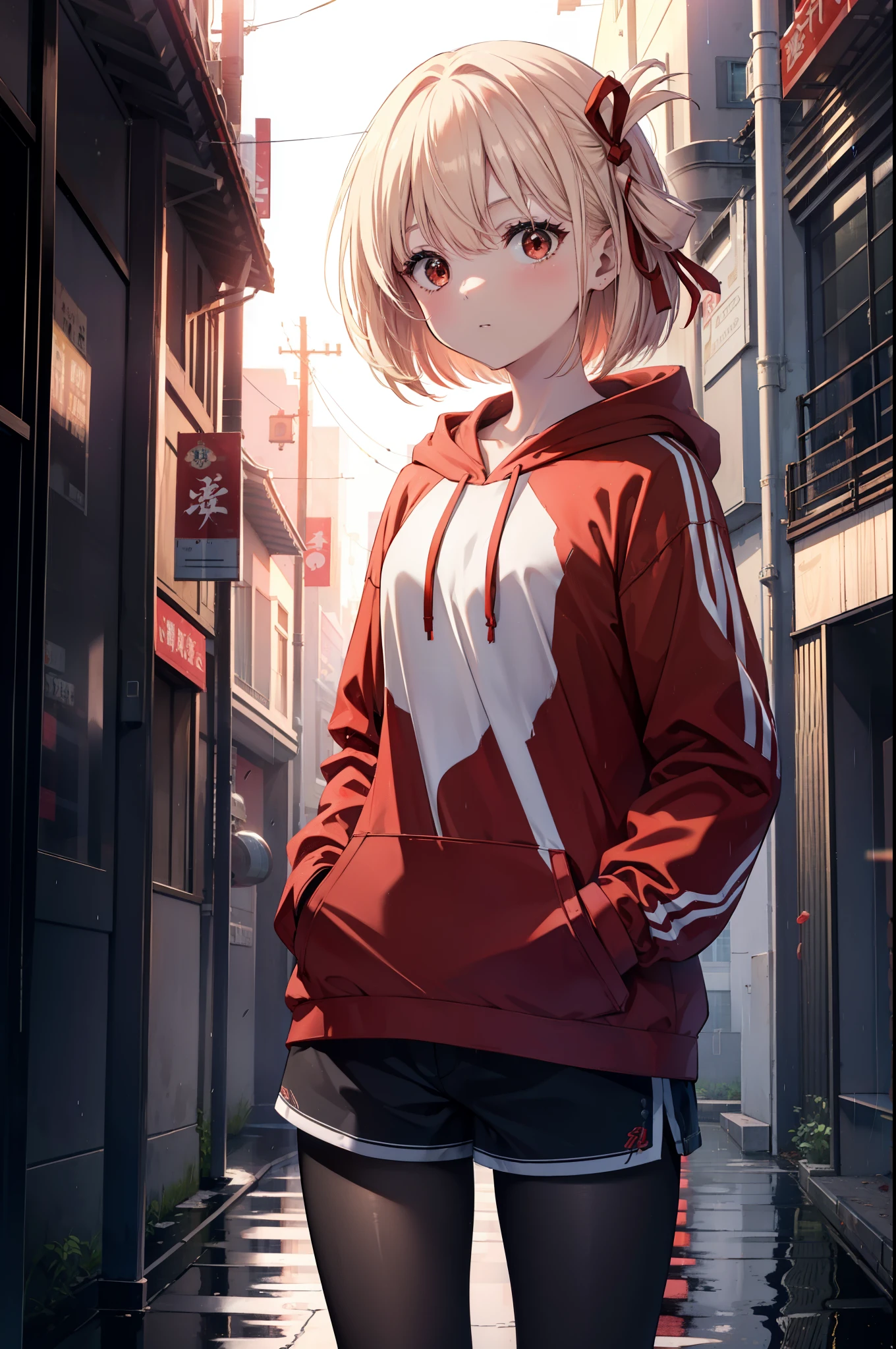 chisatonishikigi, nishikigi chisato, short hair, bangs, blonde hair, (red eyes:1.5), hair ribbon, one side up, bob cut,oversized red hoodie　hood up,red mask,shorts,black pantyhose,Both hands are in the pockets of the hoodie,walking,rain,cloudy sky,puddle,
break outdoors, In town,building street,
break looking at viewer, (cowboy shot:1.5),
break (masterpiece:1.2), highest quality, High resolution, unity 8k wallpaper, (figure:0.8), (detailed and beautiful eyes:1.6), highly detailed face, perfect lighting, Very detailed CG, (perfect hands, perfect anatomy),