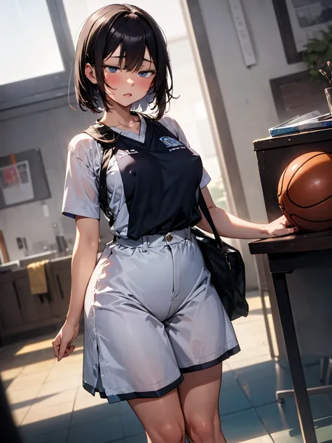 girl、basketball uniform、nipples are transparent