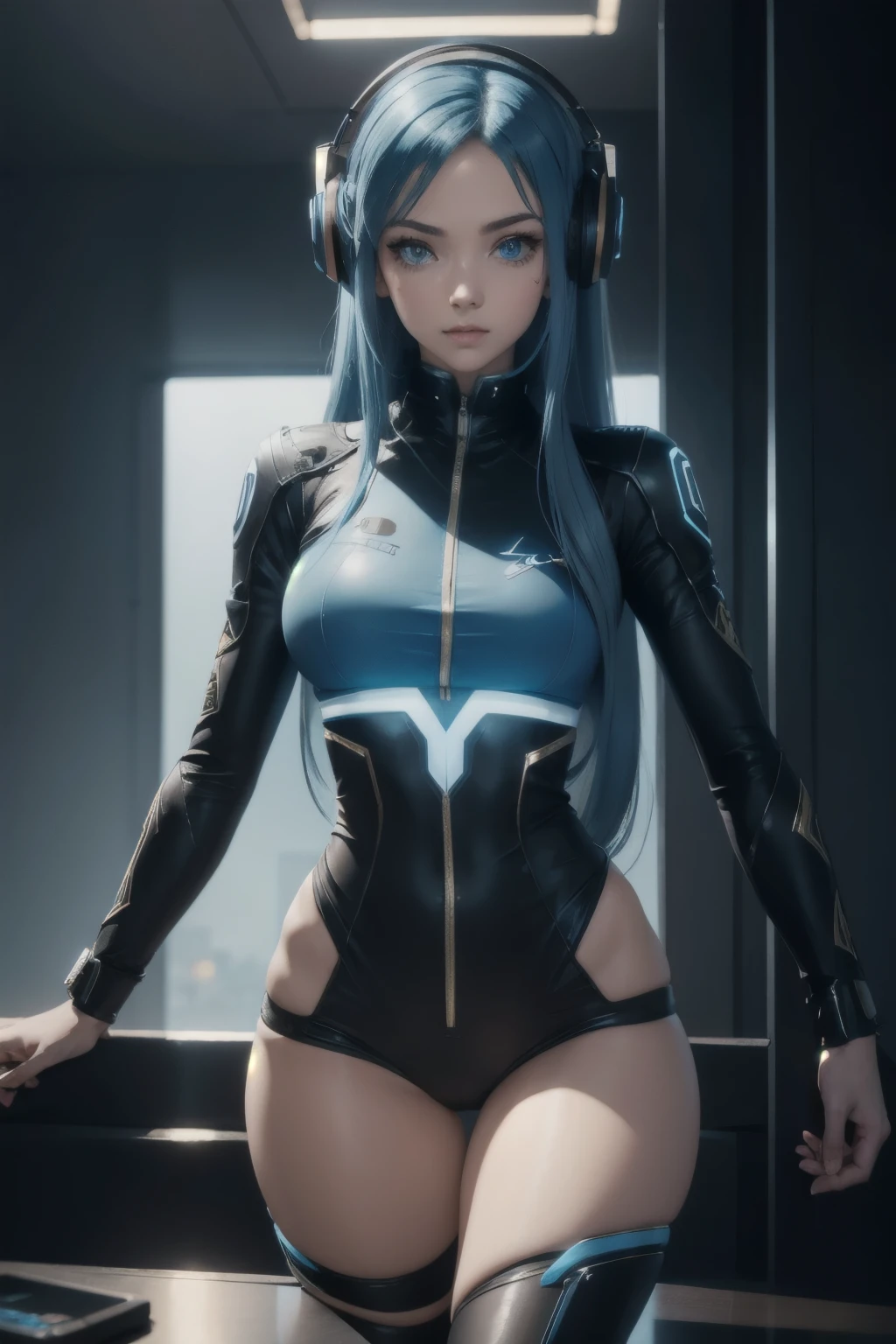 girl with long blue hair, blue eyes, futuristic vibes, mask on mouth, headphones, 8k, high quality, technology background, glowing eyes, nice pose
