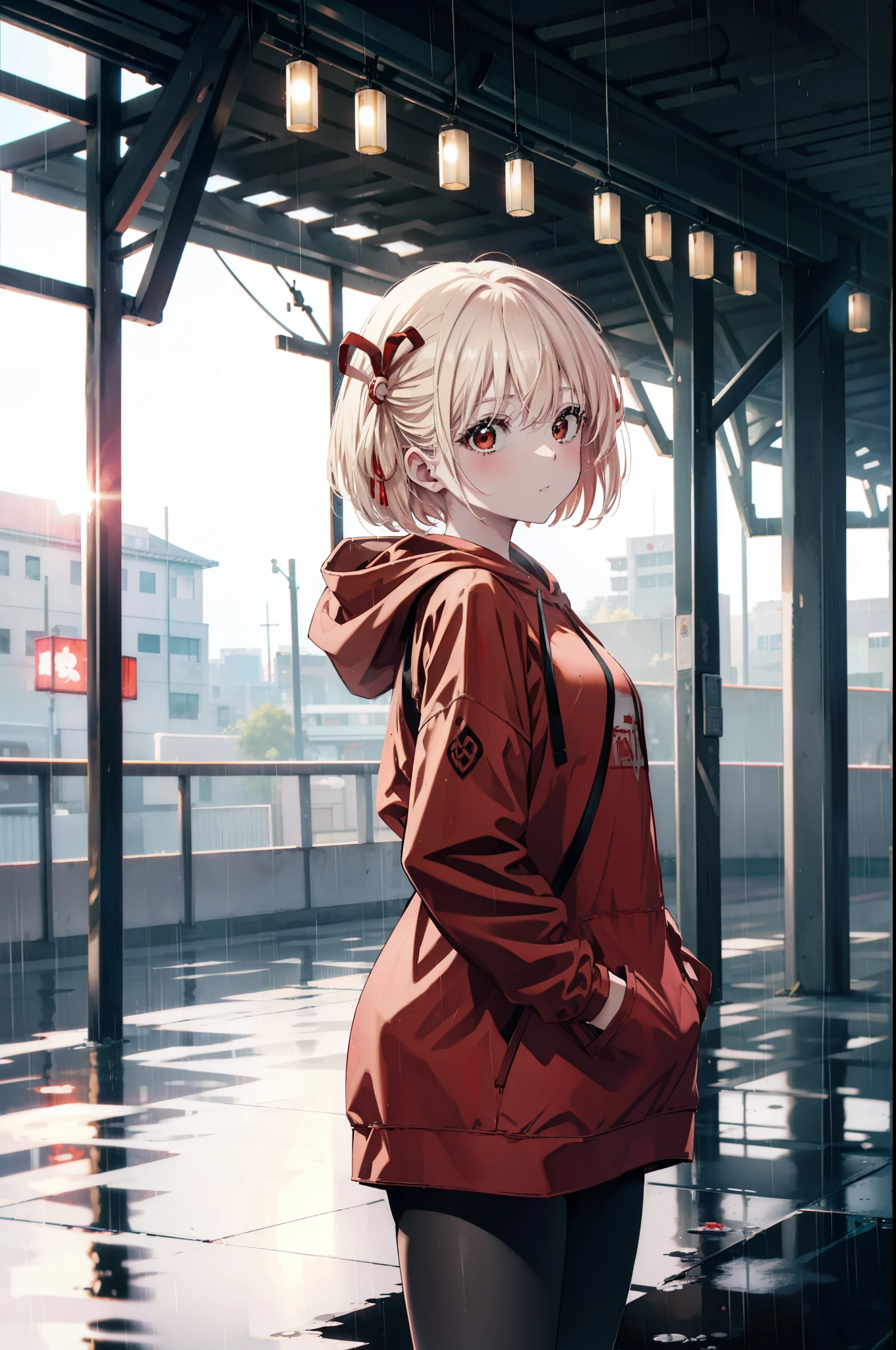 chisatonishikigi, nishikigi chisato, short hair, bangs, blonde hair, (red eyes:1.5), hair ribbon, one side up, bob cut,oversized red hoodie　hood up,red mask,shorts,black pantyhose,Both hands are in the pockets of the hoodie,walking,rain,cloudy sky,puddle,
break outdoors, In town,building street,
break looking at viewer, (cowboy shot:1.5),
break (masterpiece:1.2), highest quality, High resolution, unity 8k wallpaper, (figure:0.8), (detailed and beautiful eyes:1.6), highly detailed face, perfect lighting, Very detailed CG, (perfect hands, perfect anatomy),