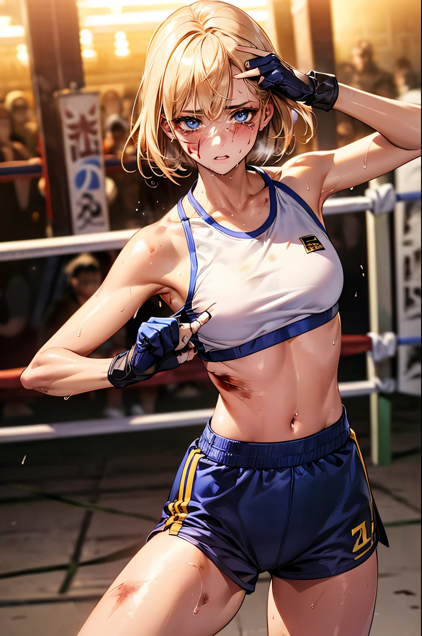 ((nsfw,1man and 1woman,having rape,raping)),(During a martial arts match、simple boxing ring)、((perfect anatomy,realistic,:1.3,RAW Photography:1.3,masterpiece、highest quality、Ultra - High resolution、High resolution、Highly detailed CG、8K)),cowboy shot,1 female,solo,20 year old beauty、female martial arts athlete、beautiful detailed face and eyes,big and gorgeous eyes),dark blue eyes,(blonde hair,short bob hair,bangs),(large breasts,slender body,small head:1.4, toned body, gleaming skin,oily skin,shiny skin),((injury,sweat,Bruises from being beaten a lot:1.5)),(navy blue sports bra、Dark blue sports shorts、yellow open finger gloves)、simple martial arts ring、dim lighting、underground、Audience in the background、