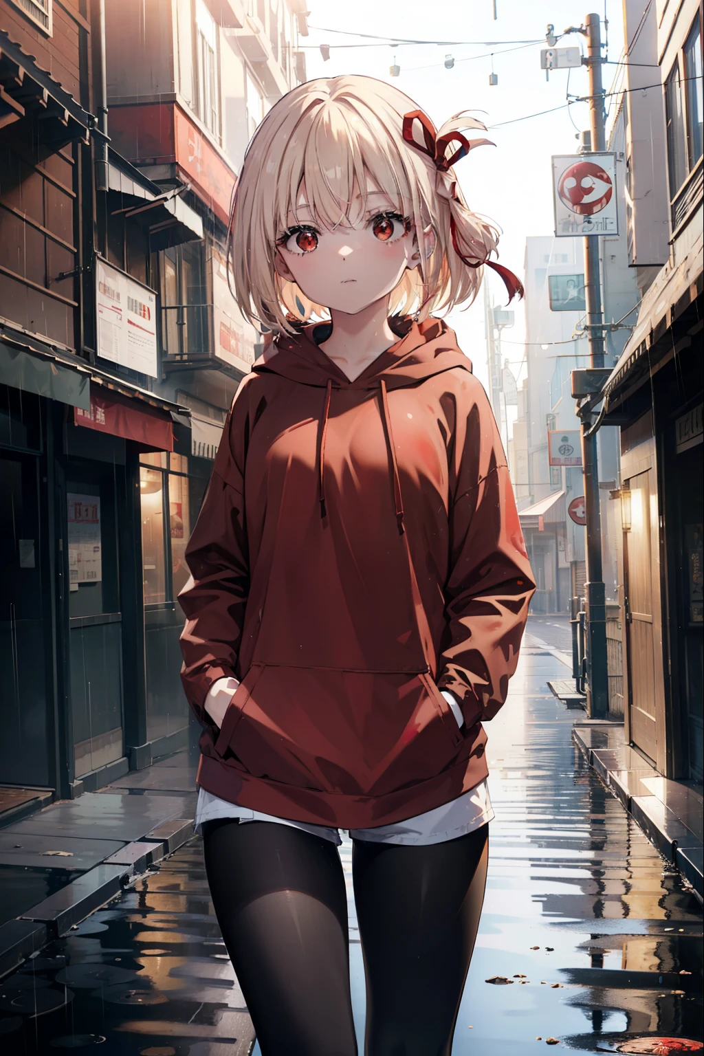 chisatonishikigi, nishikigi chisato, short hair, bangs, blonde hair, (red eyes:1.5), hair ribbon, one side up, bob cut,oversized red hoodie　hood up,red mask,shorts,black pantyhose,Both hands are in the pockets of the hoodie,walking,rain,cloudy sky,puddle,
break outdoors, In town,building street,
break looking at viewer, (cowboy shot:1.5),
break (masterpiece:1.2), highest quality, High resolution, unity 8k wallpaper, (figure:0.8), (detailed and beautiful eyes:1.6), highly detailed face, perfect lighting, Very detailed CG, (perfect hands, perfect anatomy),
