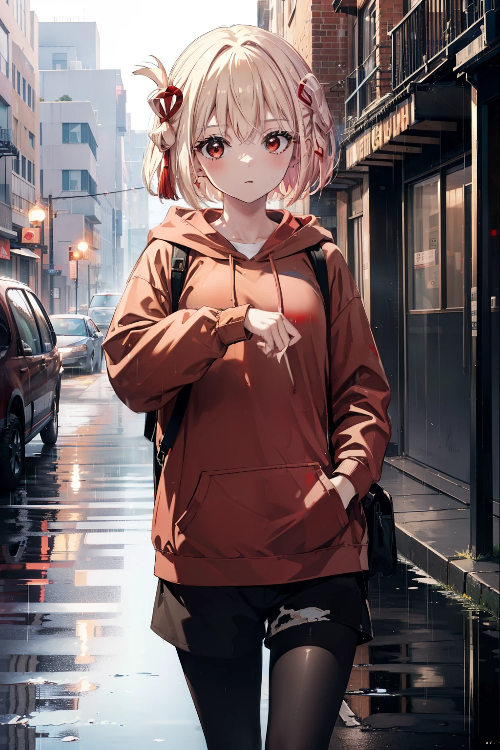 chisatonishikigi, nishikigi chisato, short hair, bangs, blonde hair, (red eyes:1.5), hair ribbon, one side up, bob cut,oversized red hoodie　hood up,red mask,shorts,black pantyhose,Both hands are in the pockets of the hoodie,walking,rain,cloudy sky,puddle,
break outdoors, In town,building street,
break looking at viewer, (cowboy shot:1.5),
break (masterpiece:1.2), highest quality, High resolution, unity 8k wallpaper, (figure:0.8), (detailed and beautiful eyes:1.6), highly detailed face, perfect lighting, Very detailed CG, (perfect hands, perfect anatomy),