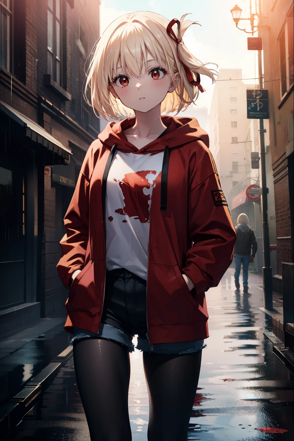 chisatonishikigi, nishikigi chisato, short hair, bangs, blonde hair, (red eyes:1.5), hair ribbon, one side up, bob cut,oversized red hoodie　hood up,red mask,shorts,black pantyhose,Both hands are in the pockets of the hoodie,walking,rain,cloudy sky,puddle,
break outdoors, In town,building street,
break looking at viewer, (cowboy shot:1.5),
break (masterpiece:1.2), highest quality, High resolution, unity 8k wallpaper, (figure:0.8), (detailed and beautiful eyes:1.6), highly detailed face, perfect lighting, Very detailed CG, (perfect hands, perfect anatomy),