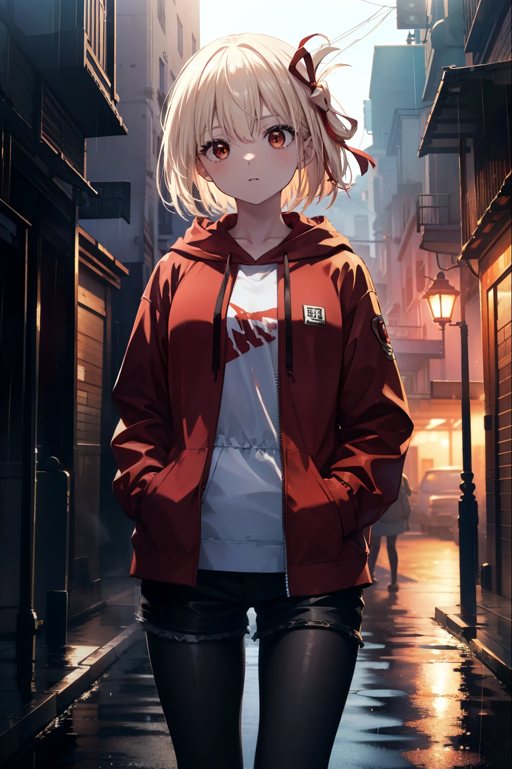 chisatonishikigi, nishikigi chisato, short hair, bangs, blonde hair, (red eyes:1.5), hair ribbon, one side up, bob cut,oversized red hoodie　hood up,red mask,shorts,black pantyhose,Both hands are in the pockets of the hoodie,walking,rain,cloudy sky,puddle,
break outdoors, In town,building street,
break looking at viewer, (cowboy shot:1.5),
break (masterpiece:1.2), highest quality, High resolution, unity 8k wallpaper, (figure:0.8), (detailed and beautiful eyes:1.6), highly detailed face, perfect lighting, Very detailed CG, (perfect hands, perfect anatomy),